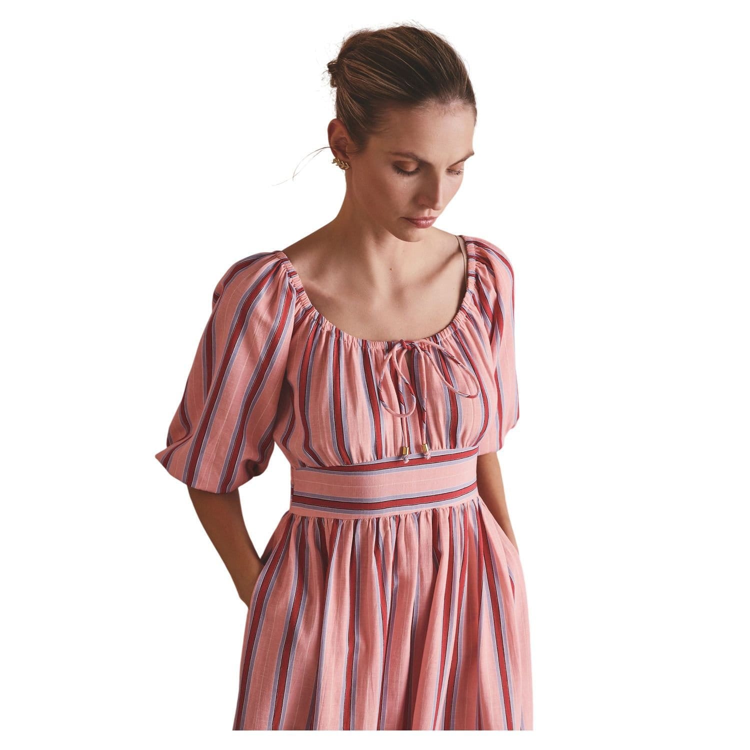 Cath Kidston Cath Kidston Women's Contrast Striped Tie Neck Long Midi Dress in Pink - 4