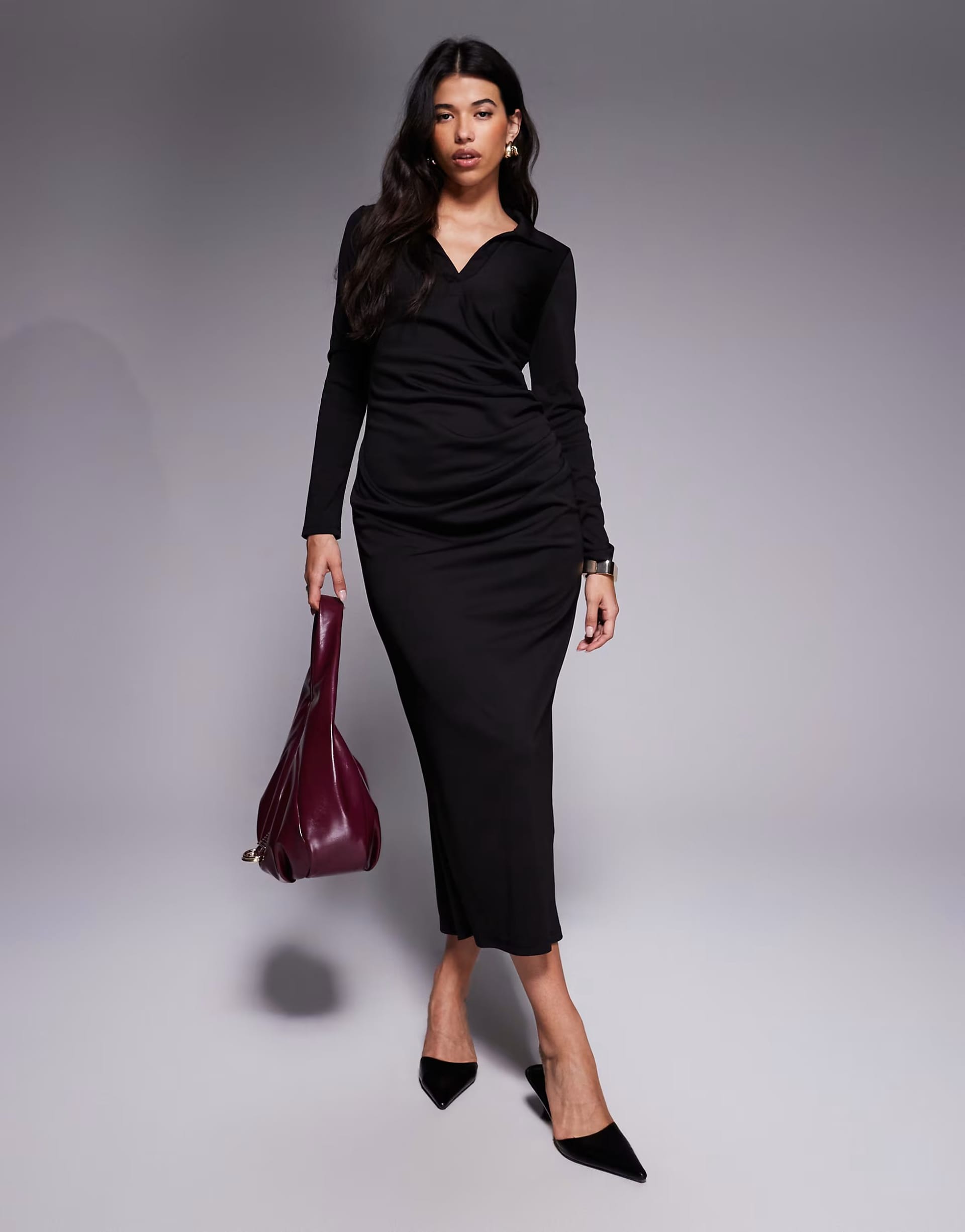 ASOS Black Long Sleeve Drape Shirt Maxi Dress