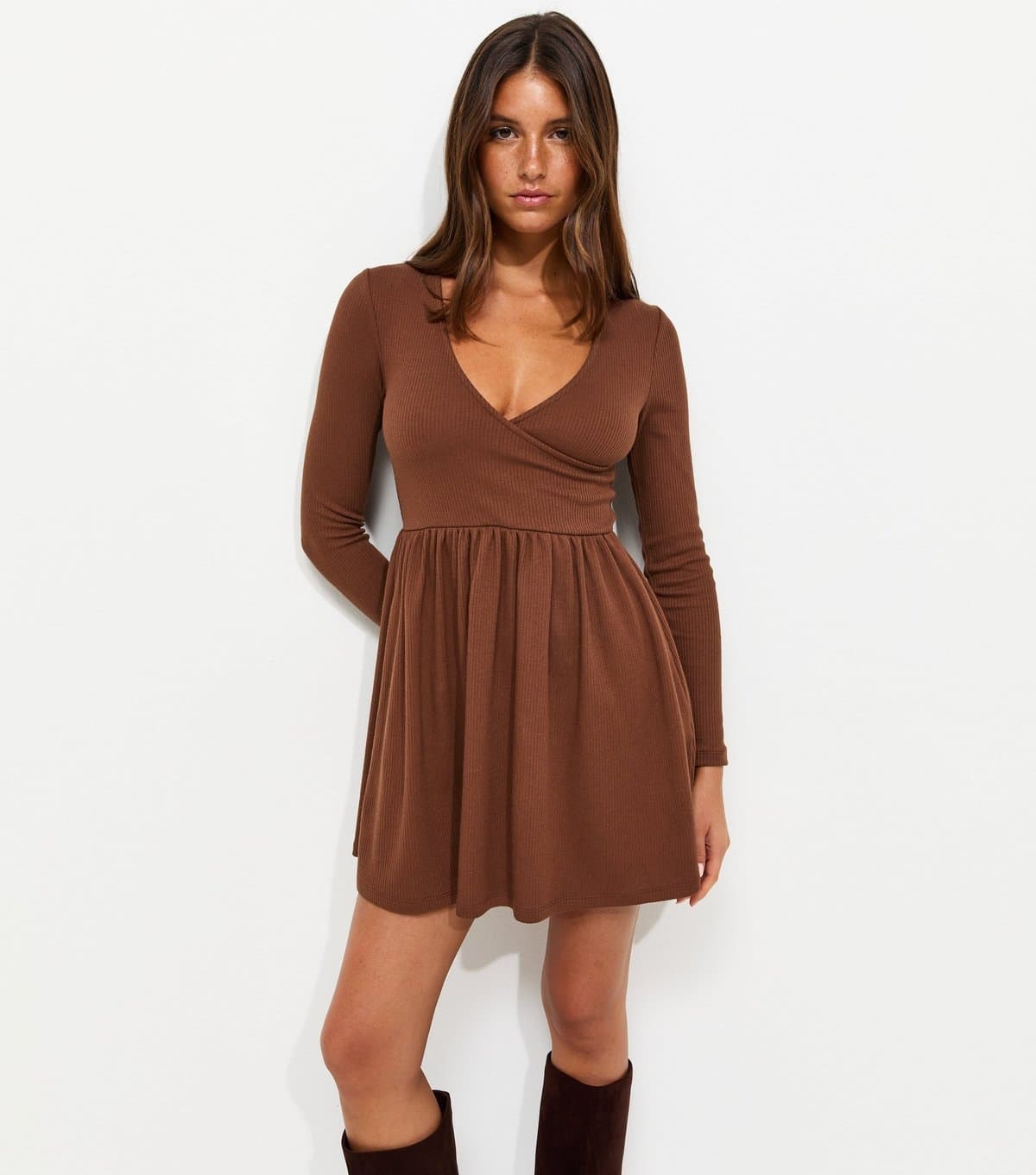 New Look Women's Dark Brown Cotton Rich Long Sleeve Ribbed Wrap Front Mini Ballet Dress New Look