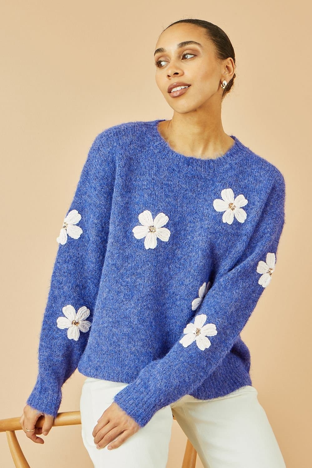 Yumi Yumi Women's Blue Relaxed Jumper With Crochet Flowers