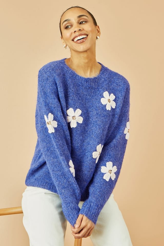 Yumi Yumi Women's Blue Relaxed Jumper With Crochet Flowers - 2