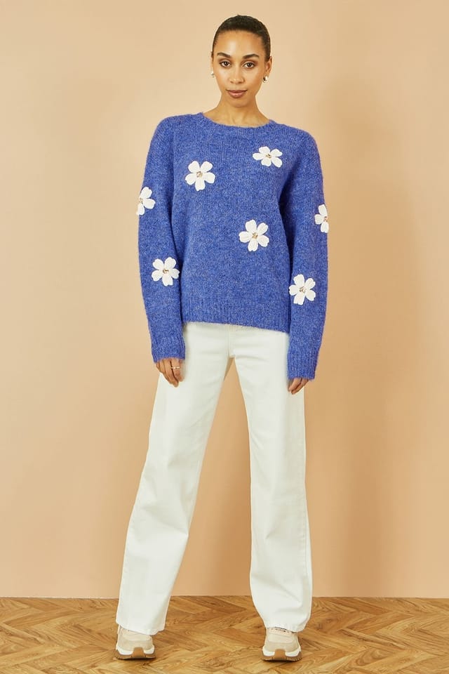 Yumi Yumi Women's Blue Relaxed Jumper With Crochet Flowers - 3