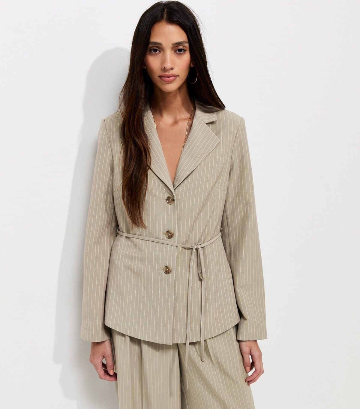 New Look Women's Brown Striped Tie Waist Blazer New Look