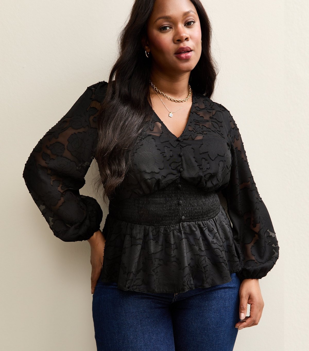 New Look Women's Plus Size Black Floral Jacquard Long Sleeve Blouse Curves New Look - 2