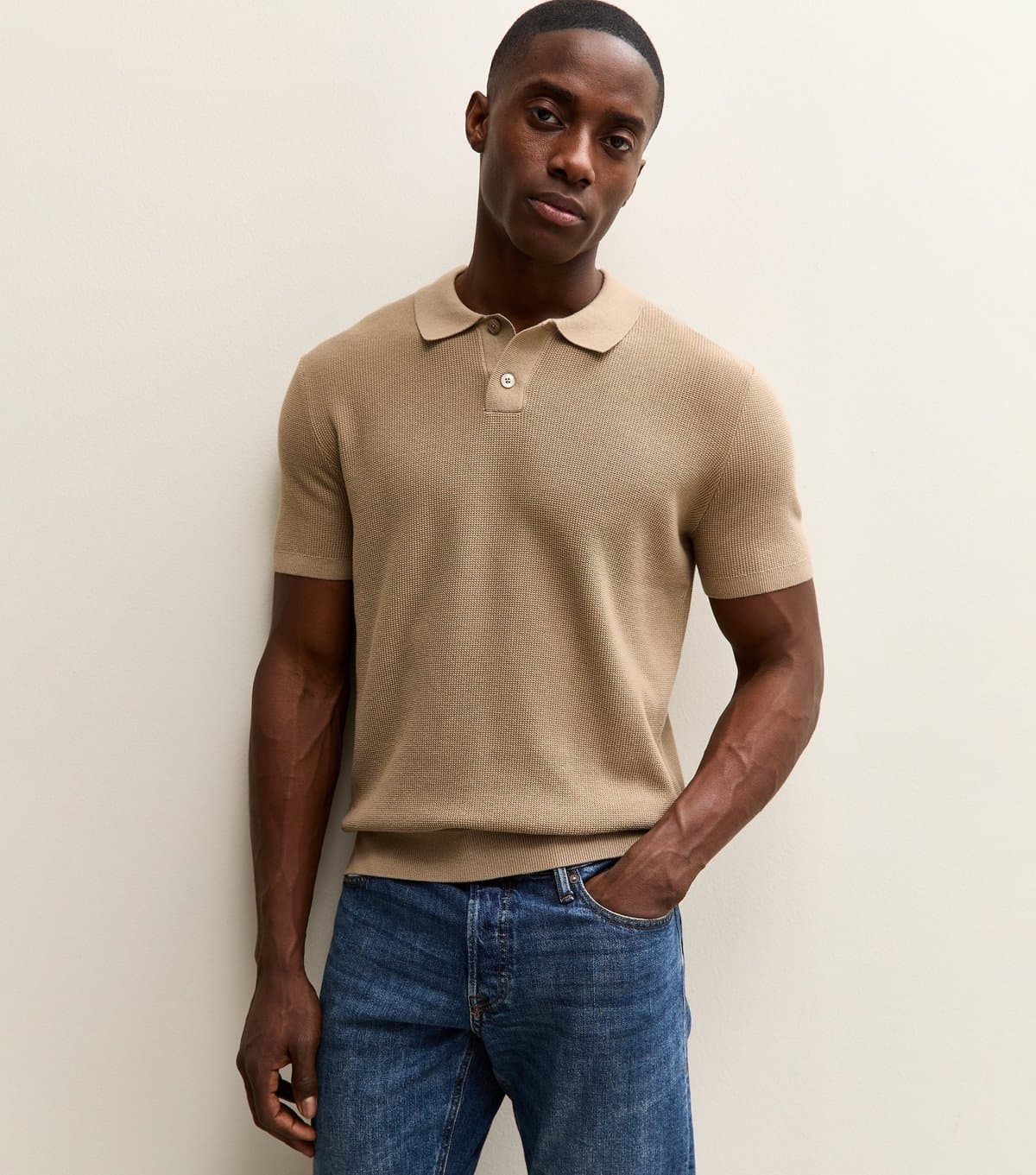 New Look Men's Tan Regular Short Sleeve Textured Polo Top New Look