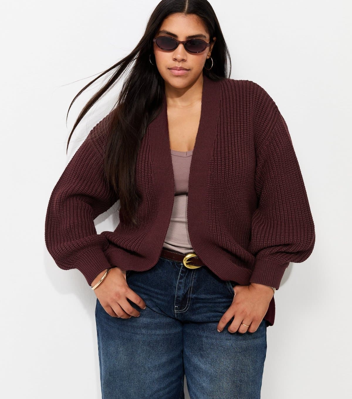 New Look Women's Plus Size Dark Burgundy Ribbed Knit Balloon Sleeve Cardigan Curves New Look