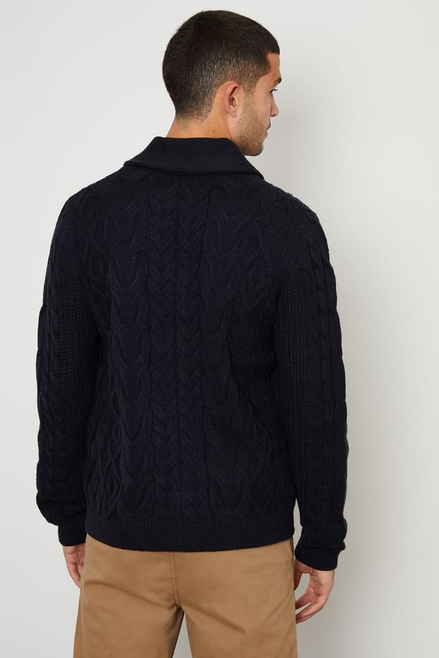 Threadbare Threadbare Men's 'Finchley' Cable Knit Shawl Collar Cardigan With Wool in Navy - 2