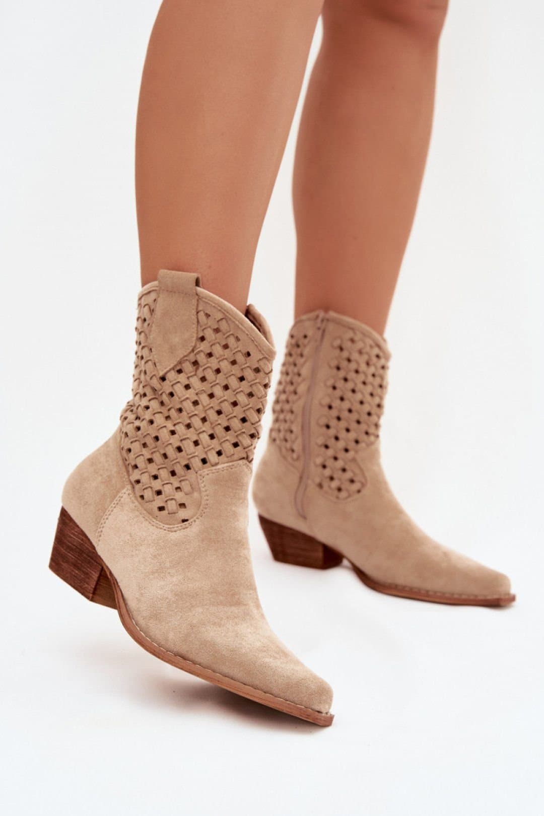 Love Lace Love Lace Beige Suede Lattice Ankle Boots With Beveled Low Heel