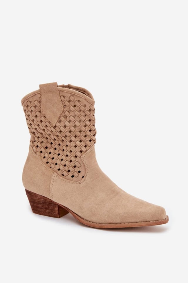 Love Lace Love Lace Women's Lattice Suede Ankle Boots with Beveled Low Heel Zipper Closure in Beige - 2