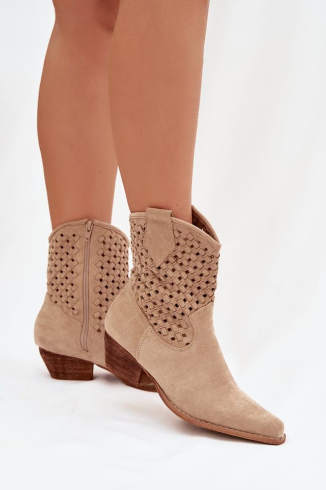 Love Lace Love Lace Women's Lattice Suede Ankle Boots with Beveled Low Heel Zipper Closure in Beige - 3