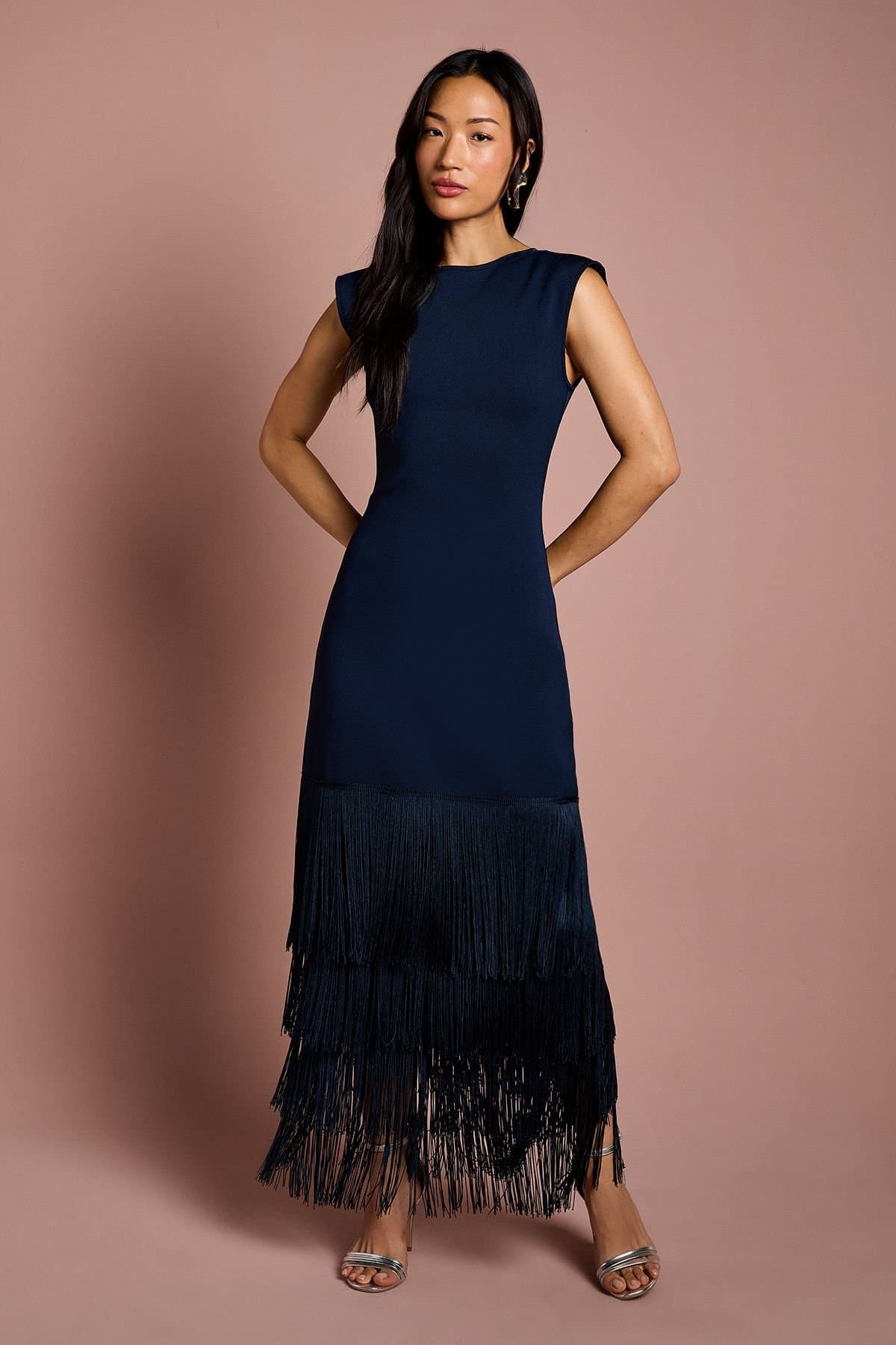 Coast Coast Women's Bandage Knit Fringed Hem Midi Dress in Navy
