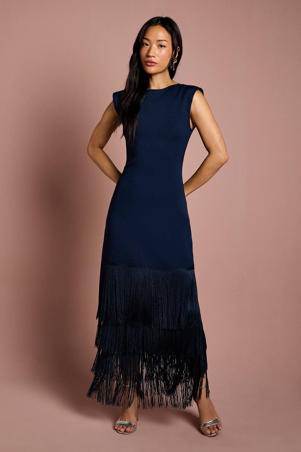 Coast Coast Women's Bandage Knit Fringed Hem Midi Dress in Navy - 2