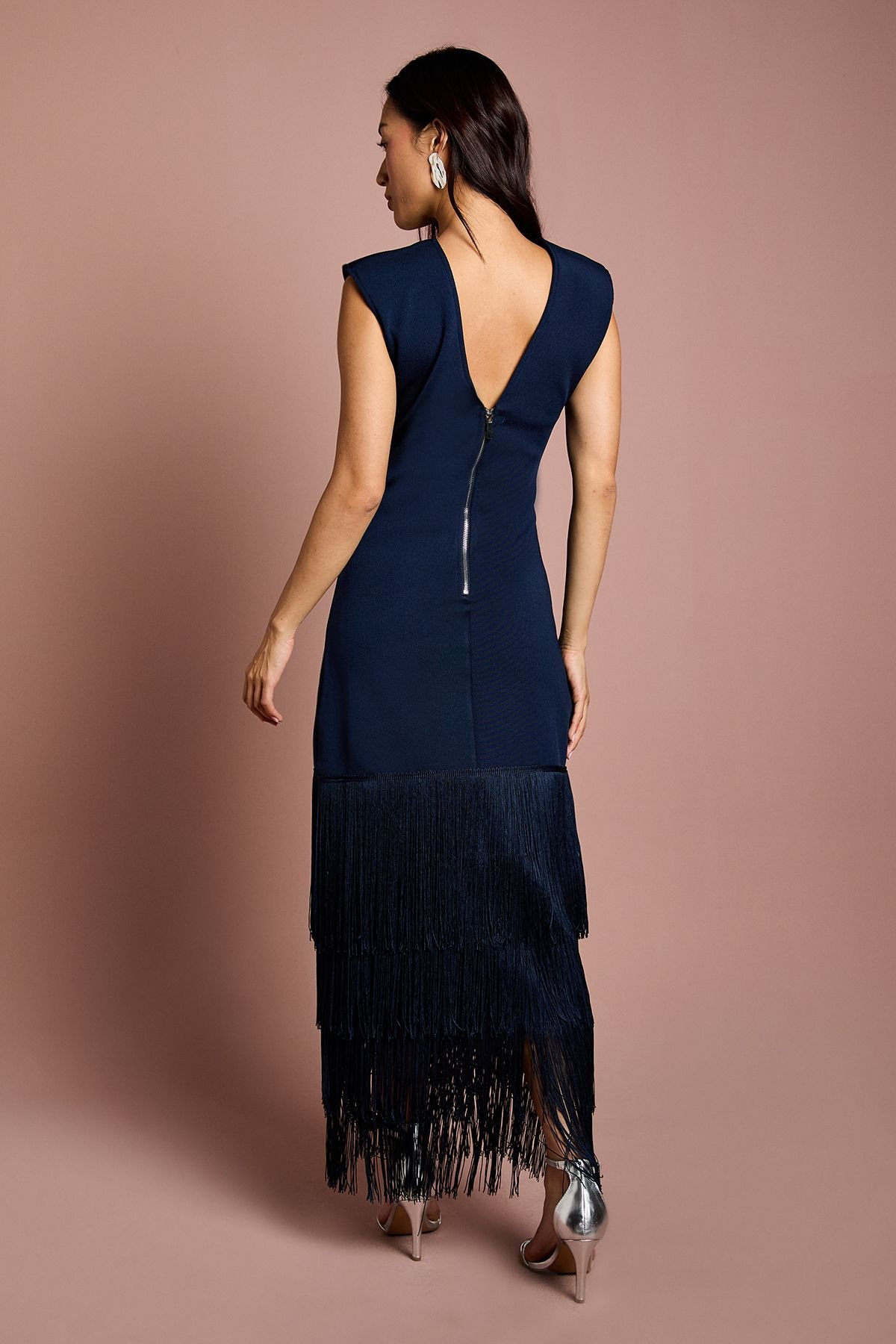 Coast Coast Women's Bandage Knit Fringed Hem Midi Dress in Navy - 3