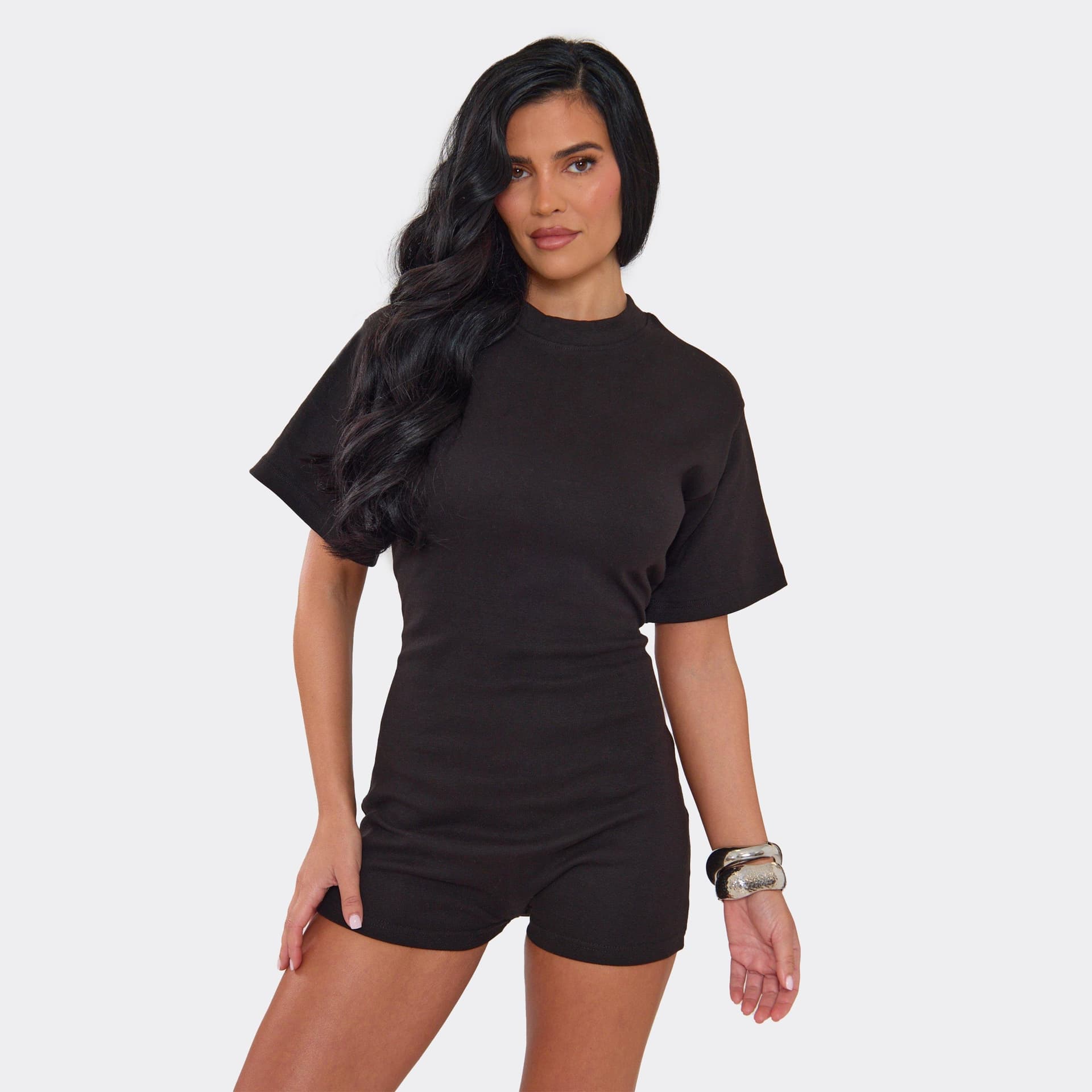 EGO Cinched Waist T-Shirt Playsuit In Black, Women's Size UK 6
