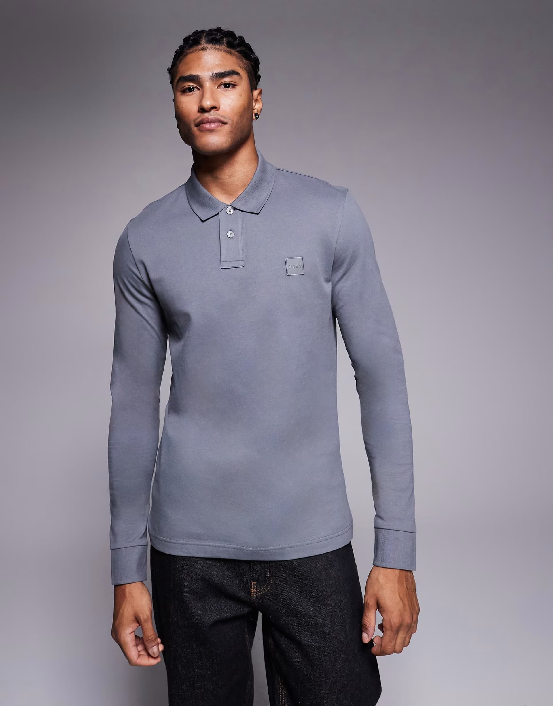 ASOS BOSS Orange Passerby long sleeve polo shirt in dark grey