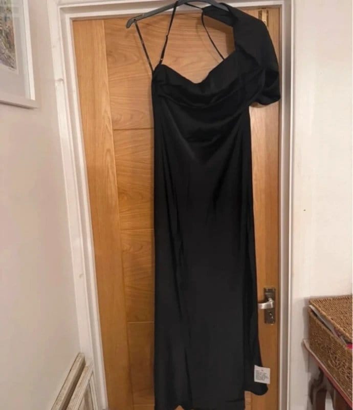 ASOS Black Satin One Shoulder Wrap Evening Maxi Dress