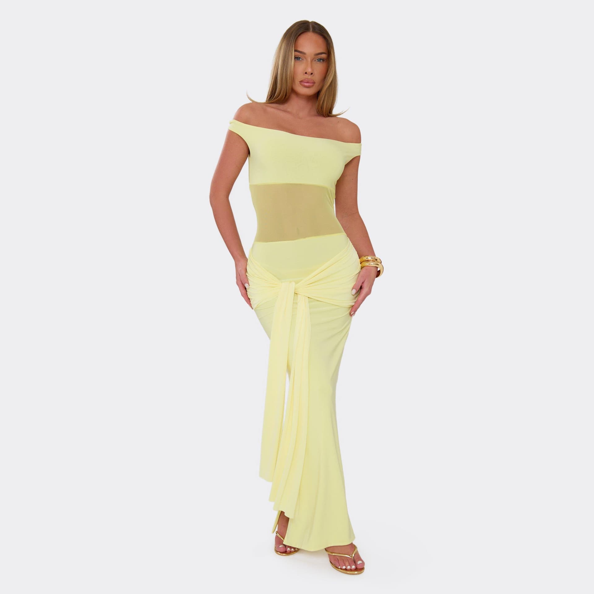 EGO Bardot Mesh Panel Draped Front Maxi Dress In Lemon, Women's Size UK 6