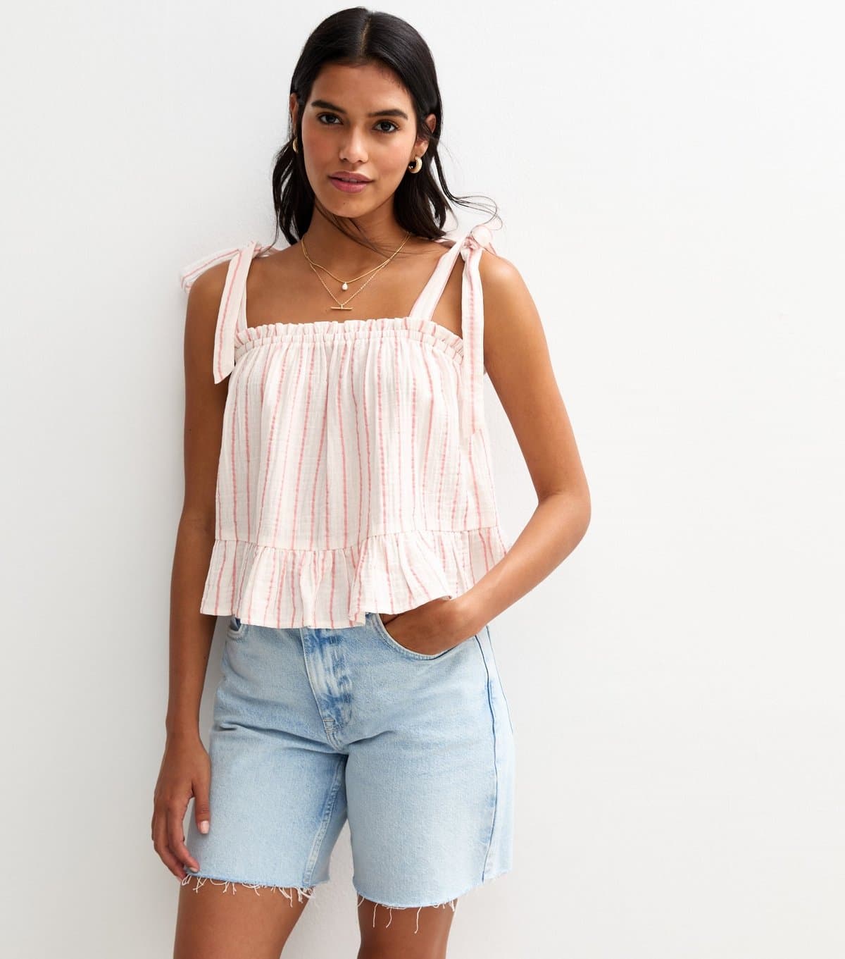 New Look Women's Pink Striped Tie Strap Top New Look