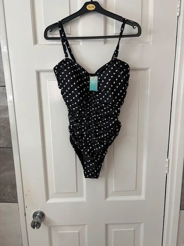 New Look UK Size 16 Polka Dot Ruched Swimsuit