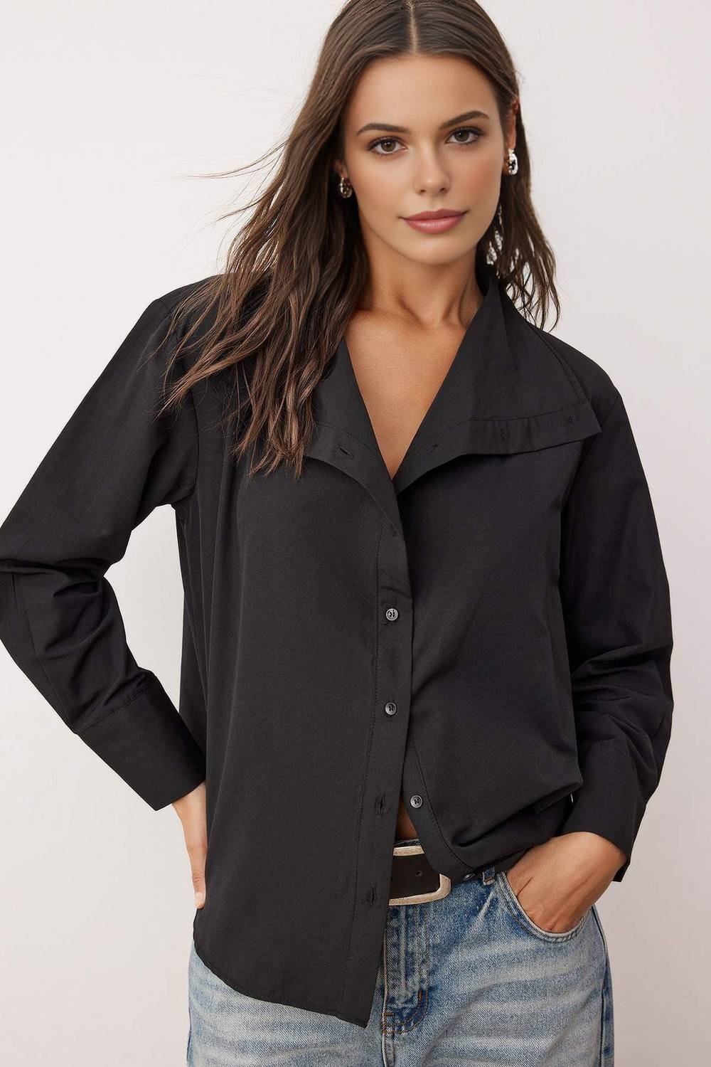 WOVCOR WOVCOR Women's Off-Shoulder Shirt with Collar Detail in Black - 3