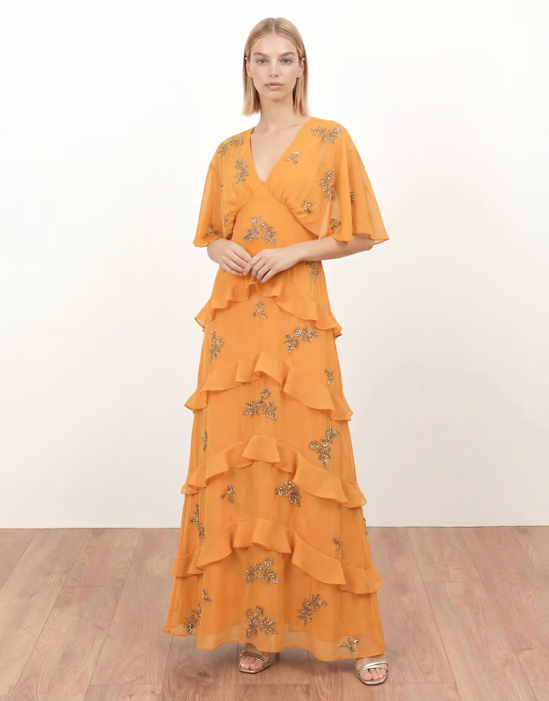 ASOS Maya Floral embellished v neck kimono sleeve ruffled maxi dress in amber