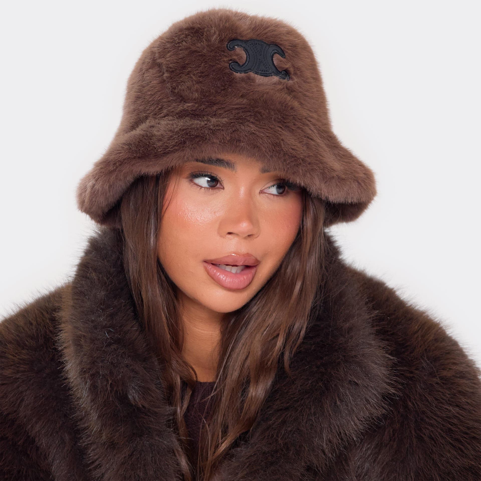 EGO Contrast Logo Detail Bucket Hat In Brown Faux Fur, Women's Size UK 0