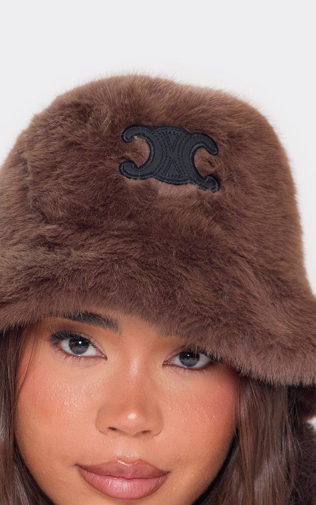 EGO Contrast Logo Detail Bucket Hat In Brown Faux Fur, Women's Size UK 0 - 2