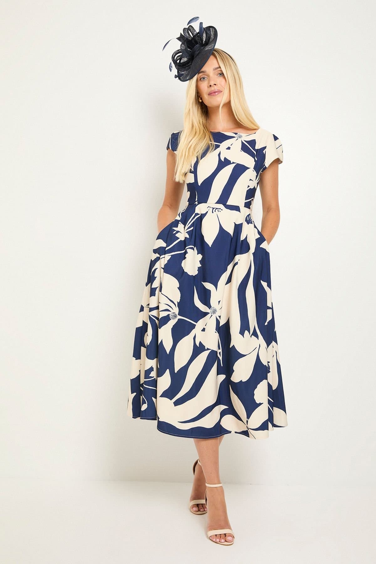 Wallis Wallis Women's Petite Floral Ottoman Fit & Flare Midi Dress in Navy