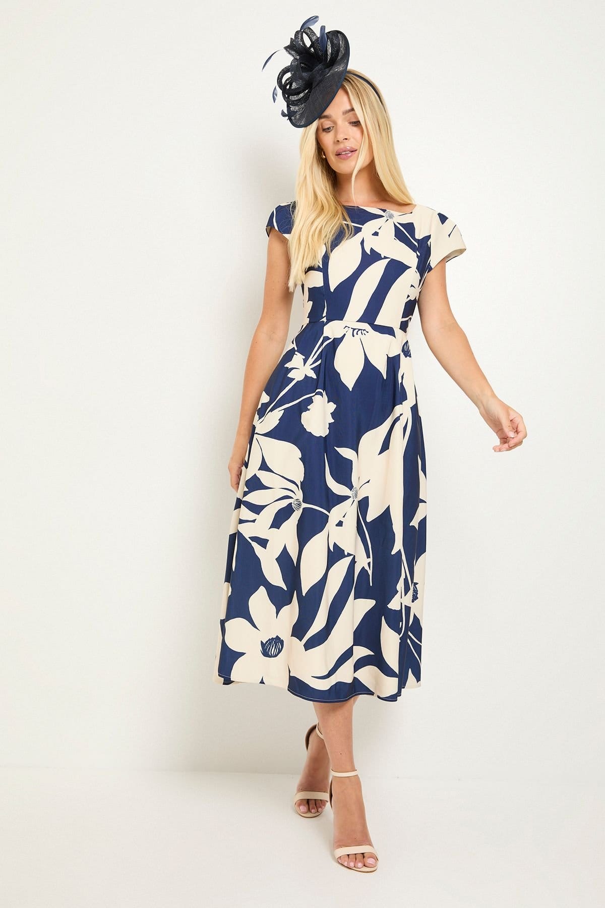 Wallis Wallis Women's Petite Floral Ottoman Fit & Flare Midi Dress in Navy - 4