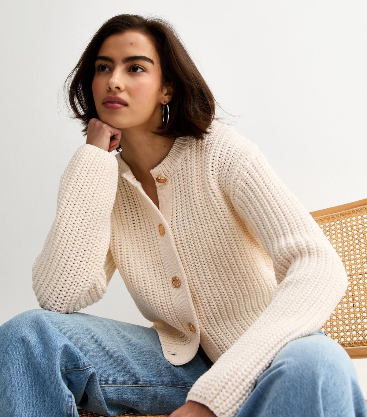 New Look Women's Cream Hammered Button Cotton Rich Chunky Knit Cardigan New Look