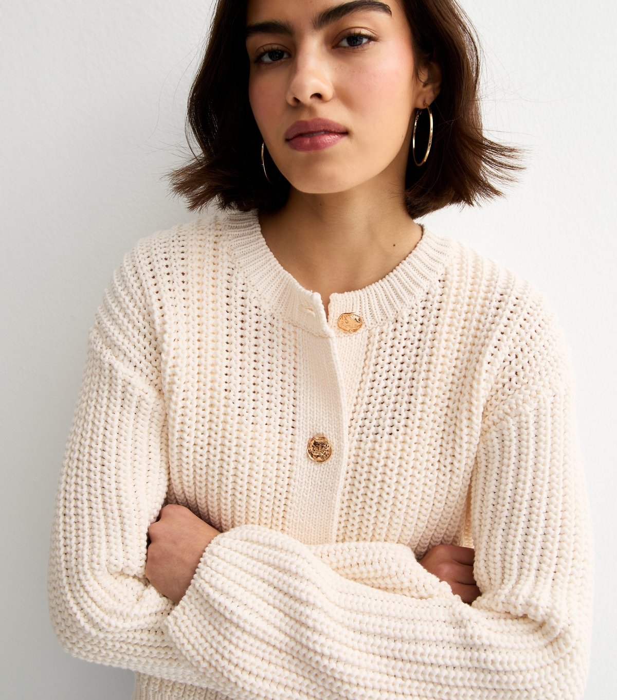 New Look Women's Cream Hammered Button Cotton Rich Chunky Knit Cardigan New Look - 2