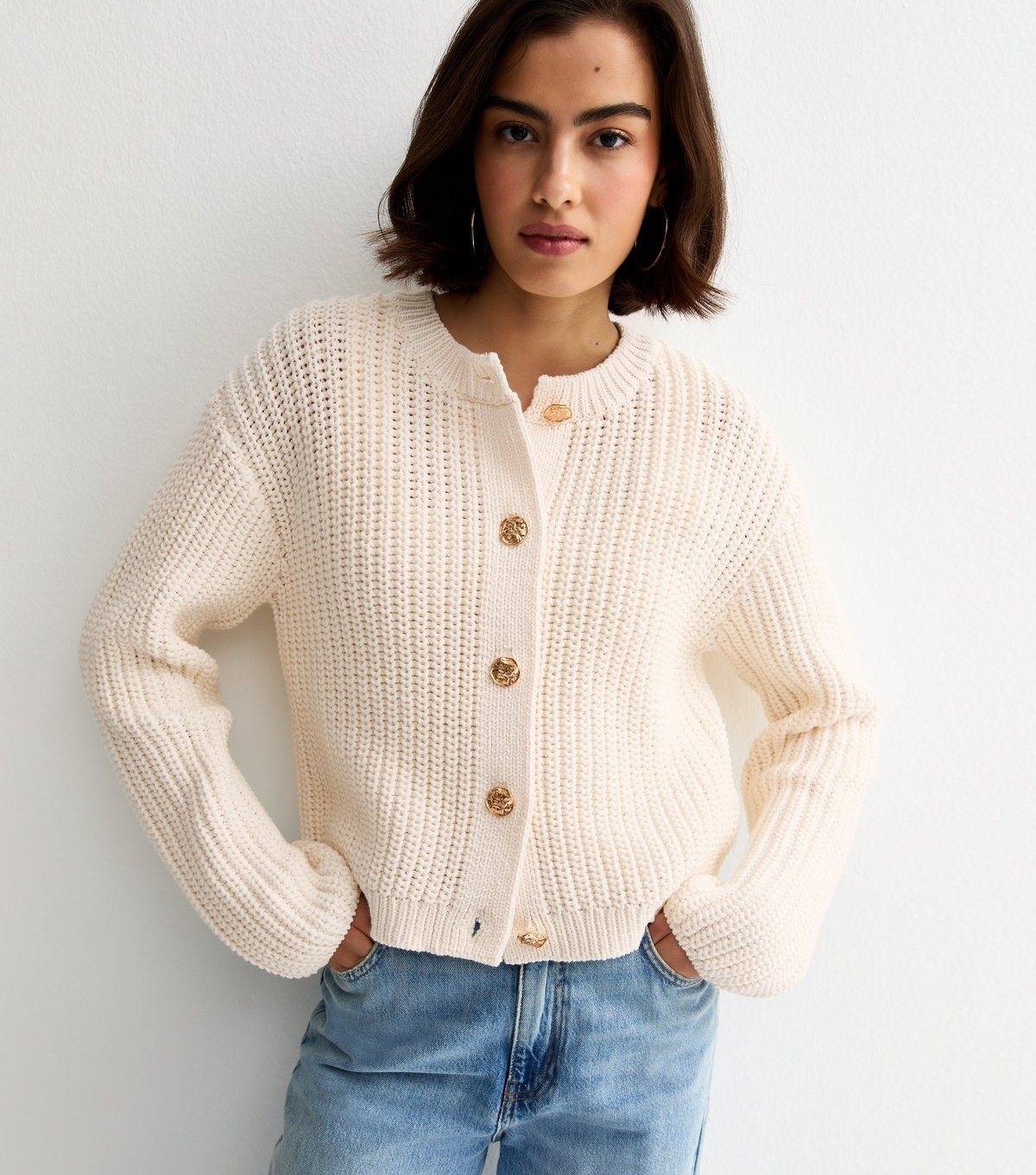 New Look Women's Cream Hammered Button Cotton Rich Chunky Knit Cardigan New Look - 3