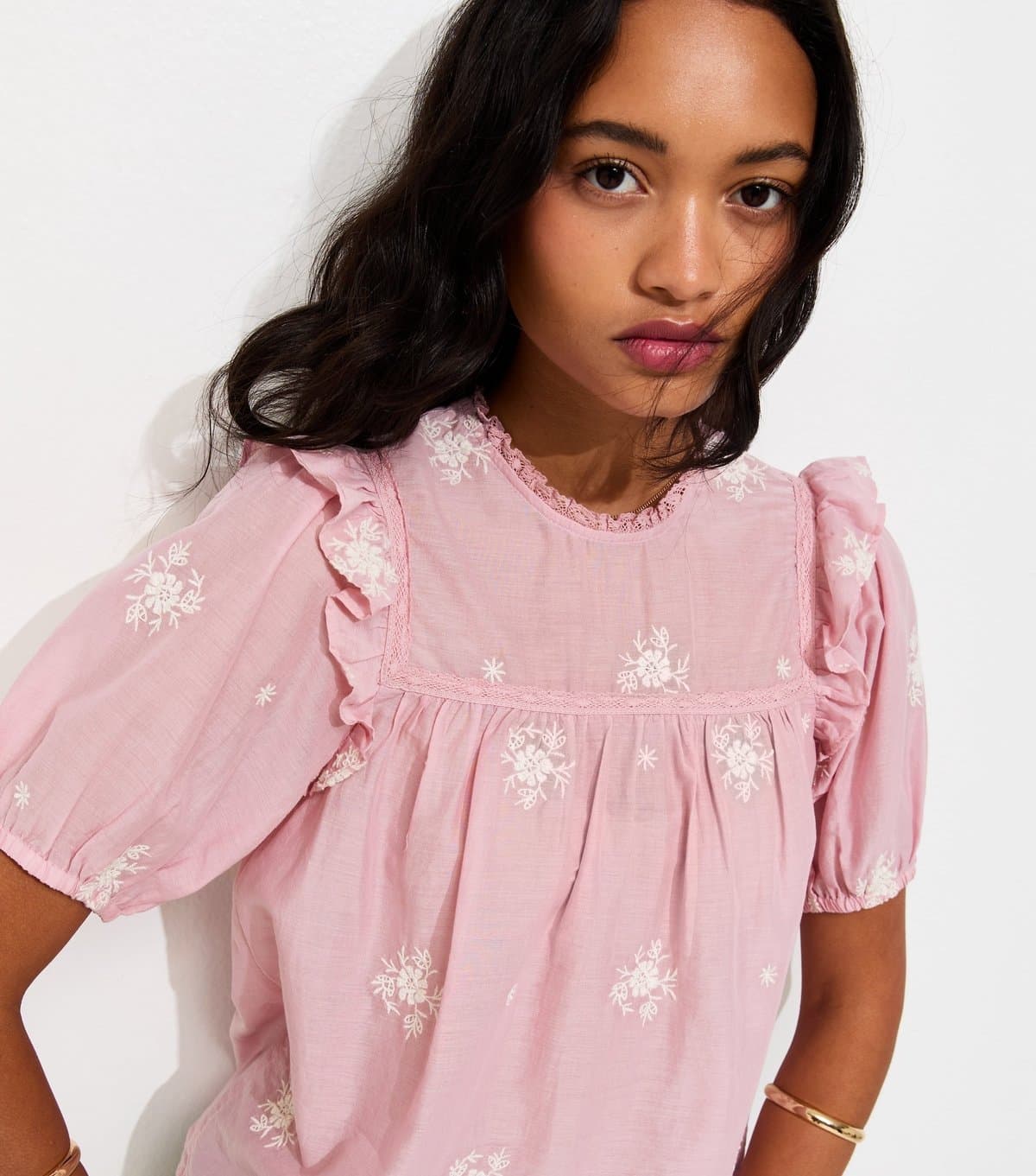 New Look New Look Pink Floral Embroidered Puff Sleeve Blouse