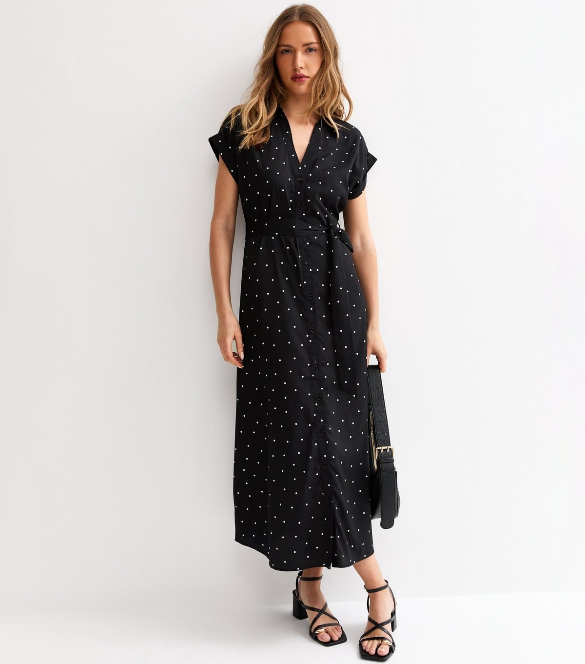 New Look Women's Black Crepe Dot Print Collared Short Sleeve Midi Dress New Look - 3