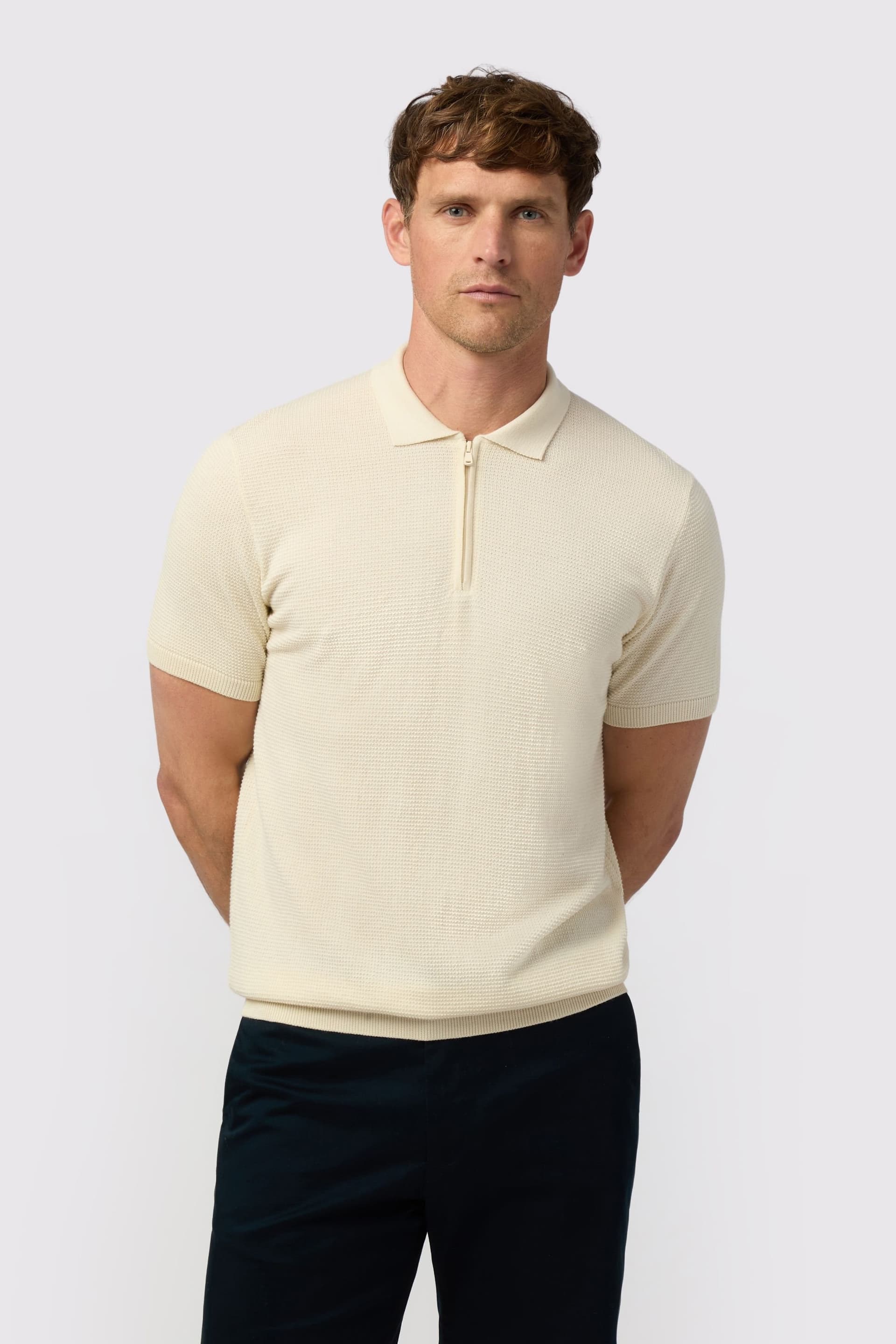 Melka Melka Men's Quarter Zip Knit Polo in Ecru
