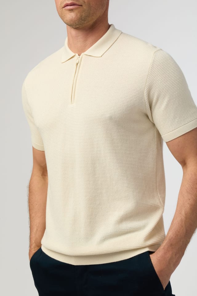 Melka Melka Men's Quarter Zip Knit Polo in Ecru - 3