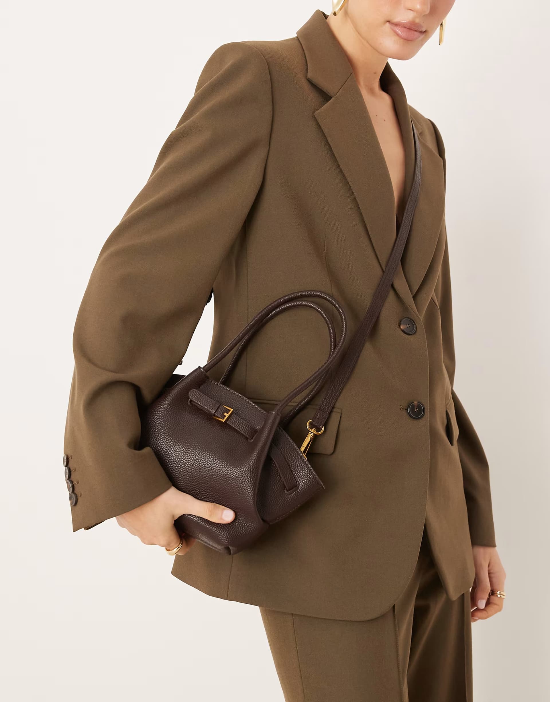 ASOS Gina Tricot small faux leather tote bag with shoulder straps in brown