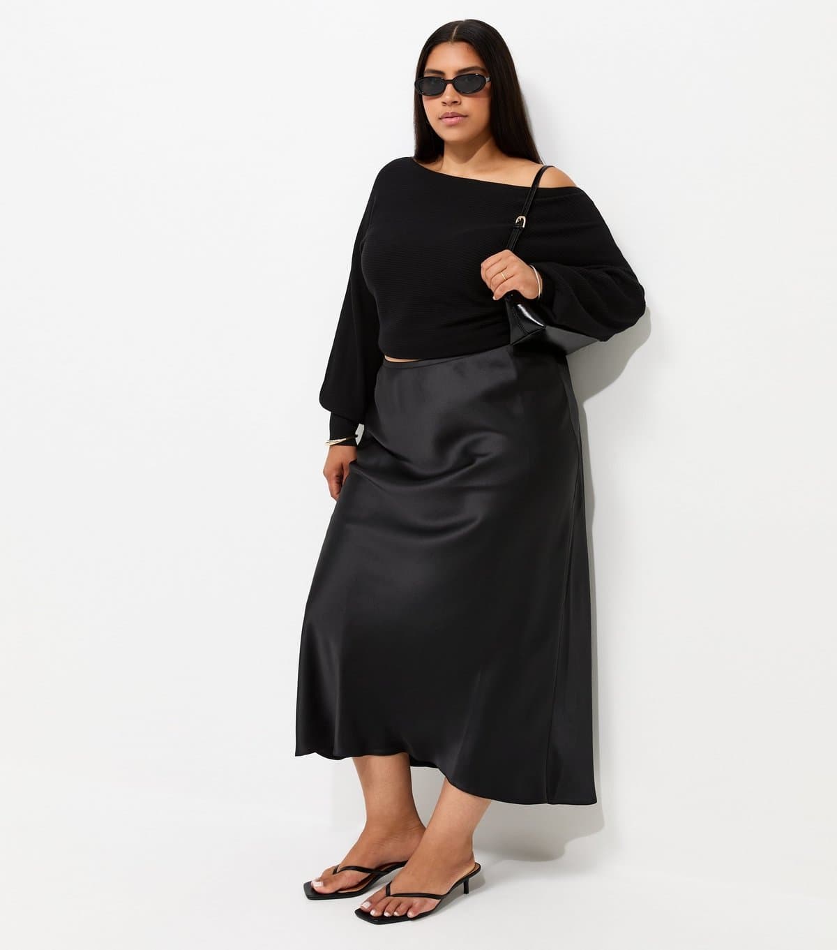 New Look Women's Plus Size Black Satin Bias Cut Midi Skirt Curves New Look
