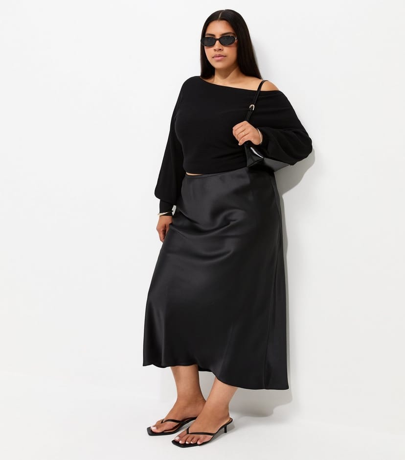 New Look Women's Plus Size Black Satin Bias Cut Midi Skirt Curves New Look - 1