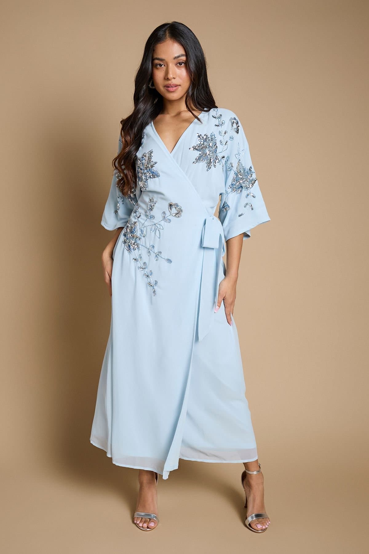 Oasis Oasis Women's Petite Kimono Sleeve Trailing Embellished Maxi Dress in Dusty Blue