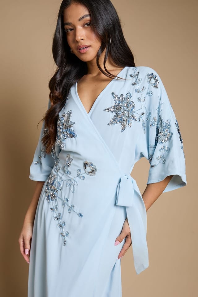 Oasis Oasis Women's Petite Kimono Sleeve Trailing Embellished Maxi Dress in Dusty Blue - 2