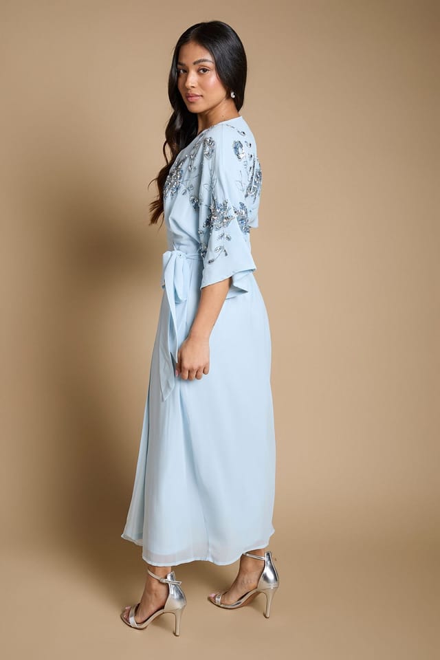 Oasis Oasis Women's Petite Kimono Sleeve Trailing Embellished Maxi Dress in Dusty Blue - 3