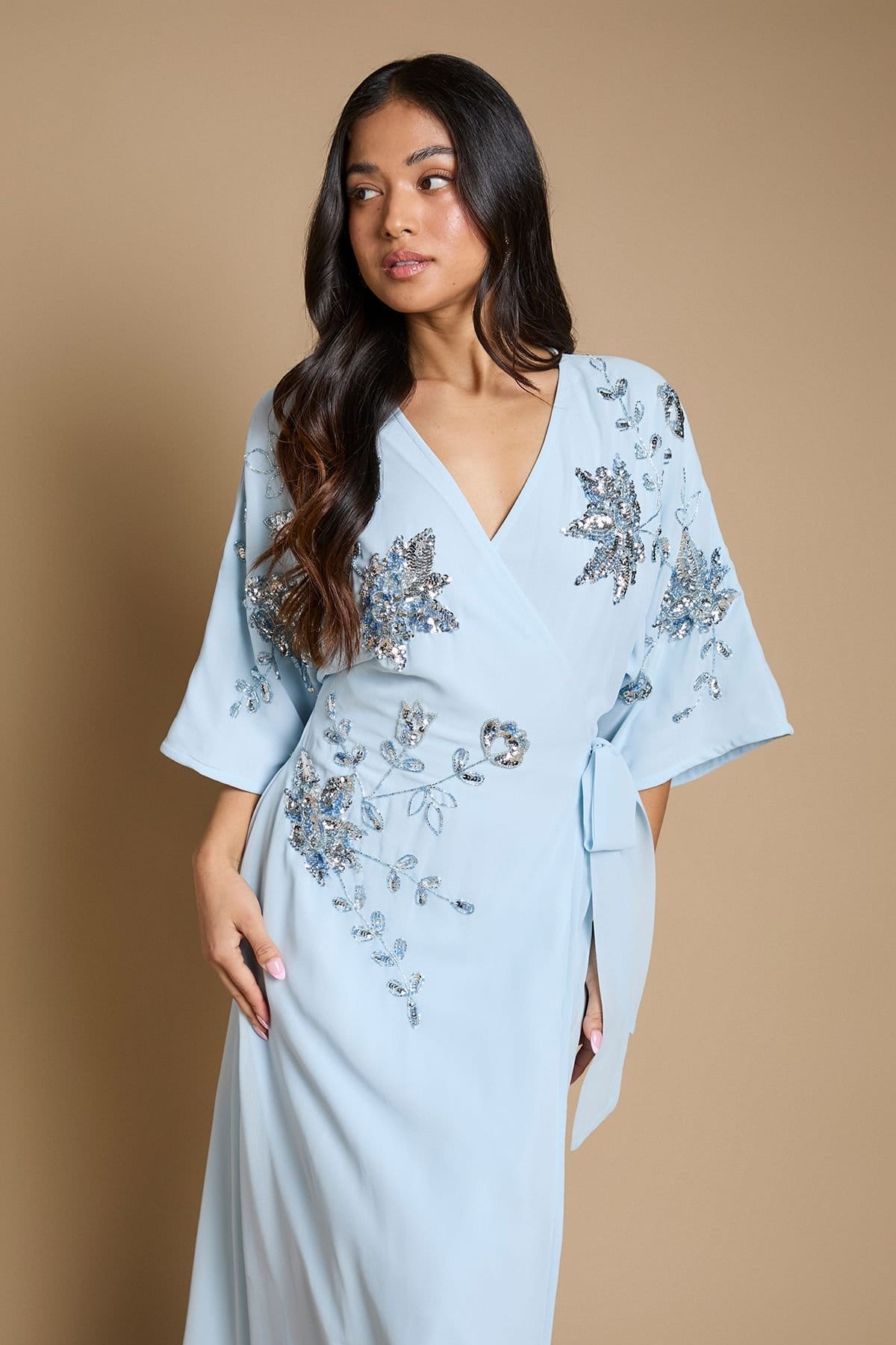 Oasis Oasis Women's Petite Kimono Sleeve Trailing Embellished Maxi Dress in Dusty Blue - 4