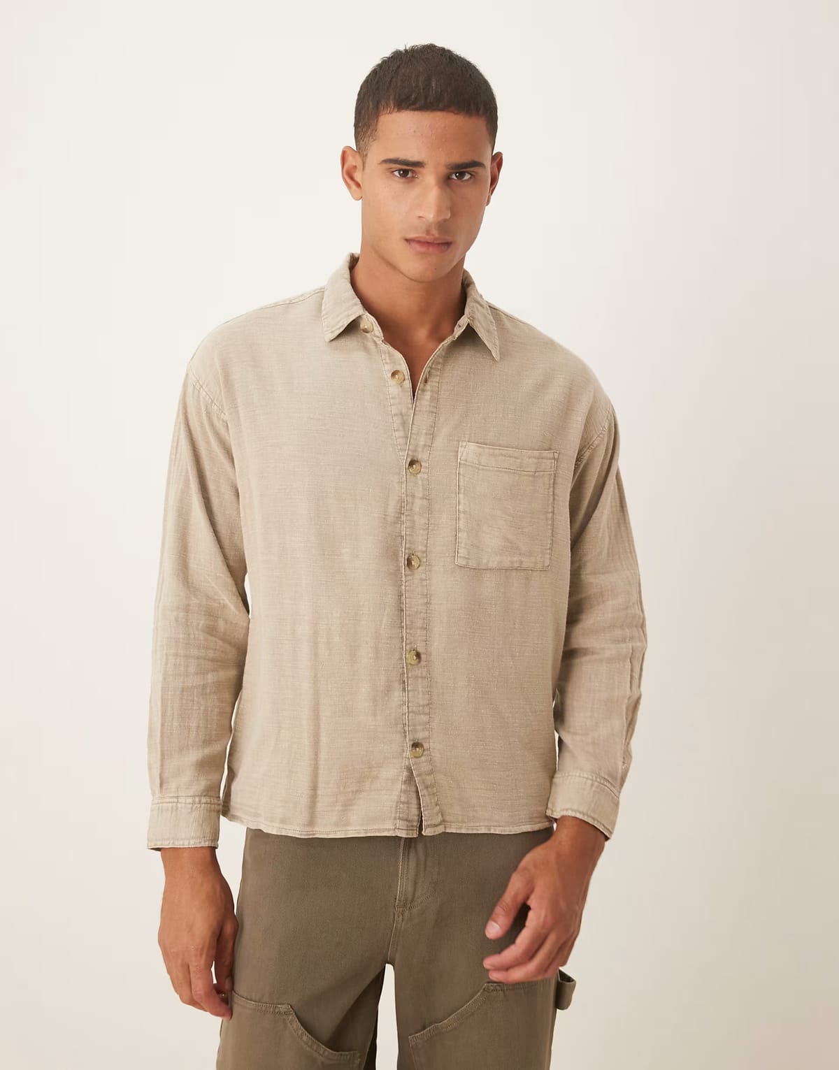 ASOS Cotton On Washed long sleeve shirt in beige - BEIGE - 1