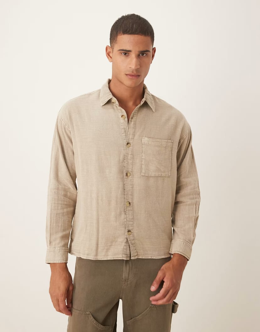 ASOS Cotton On Washed long sleeve shirt in beige - BEIGE - 1