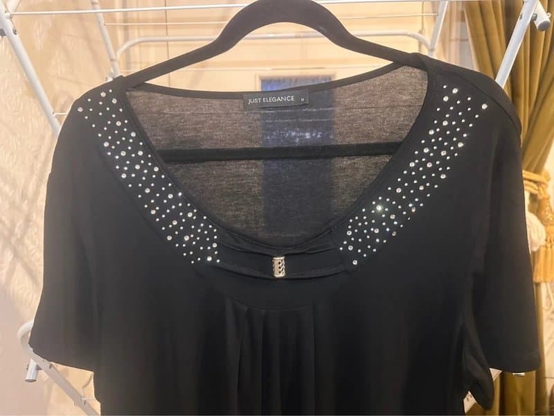 Just Elegance Black Embellished Top Size M | Elegant Sparkle Detail Stretch Viscose Blouse