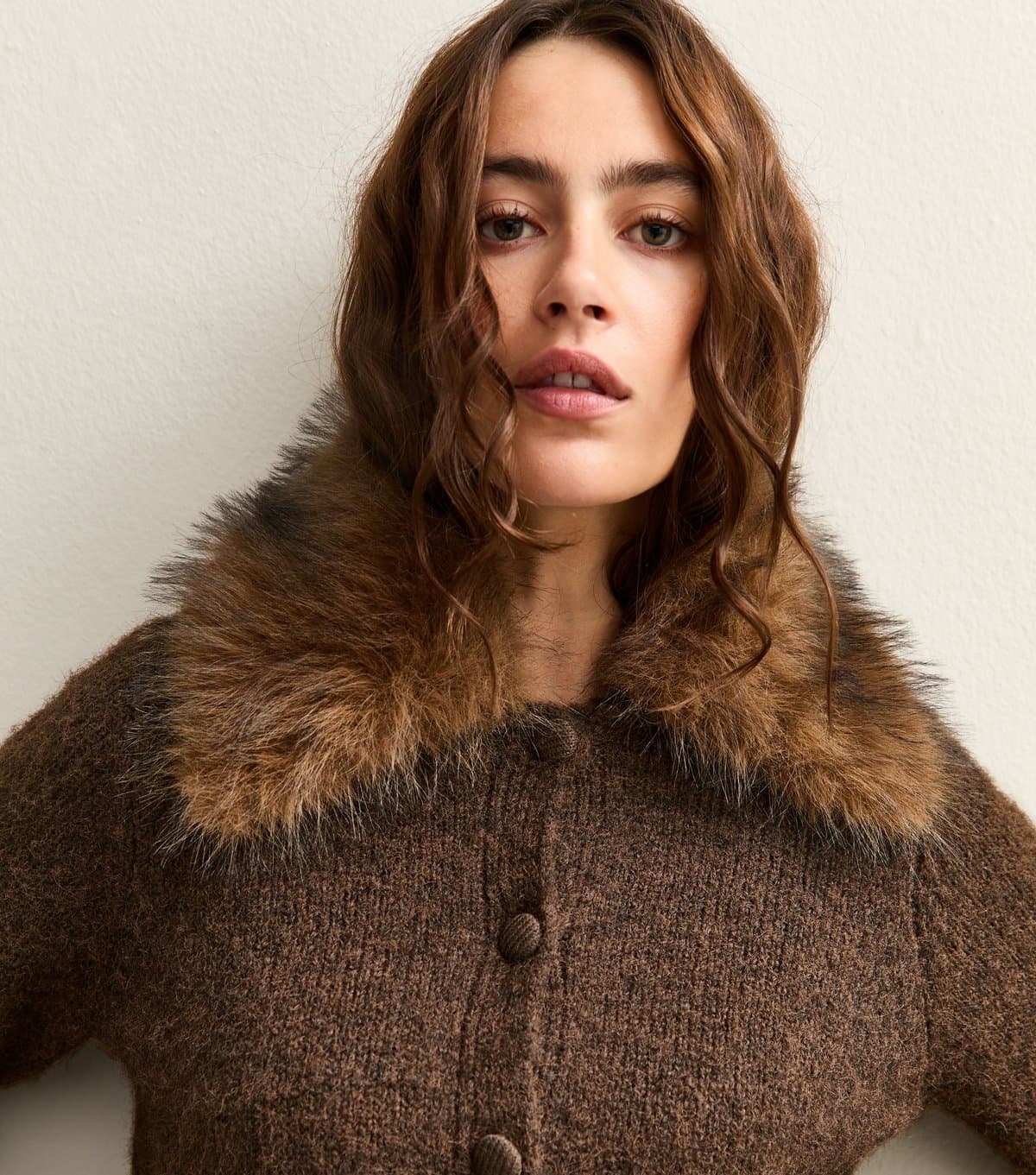 New Look Women's Dark Brown Faux Fur Collar Cardigan New Look