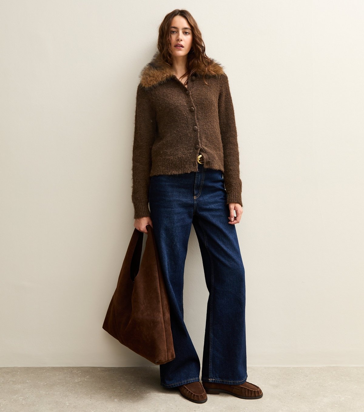 New Look Women's Dark Brown Faux Fur Collar Cardigan New Look - 2