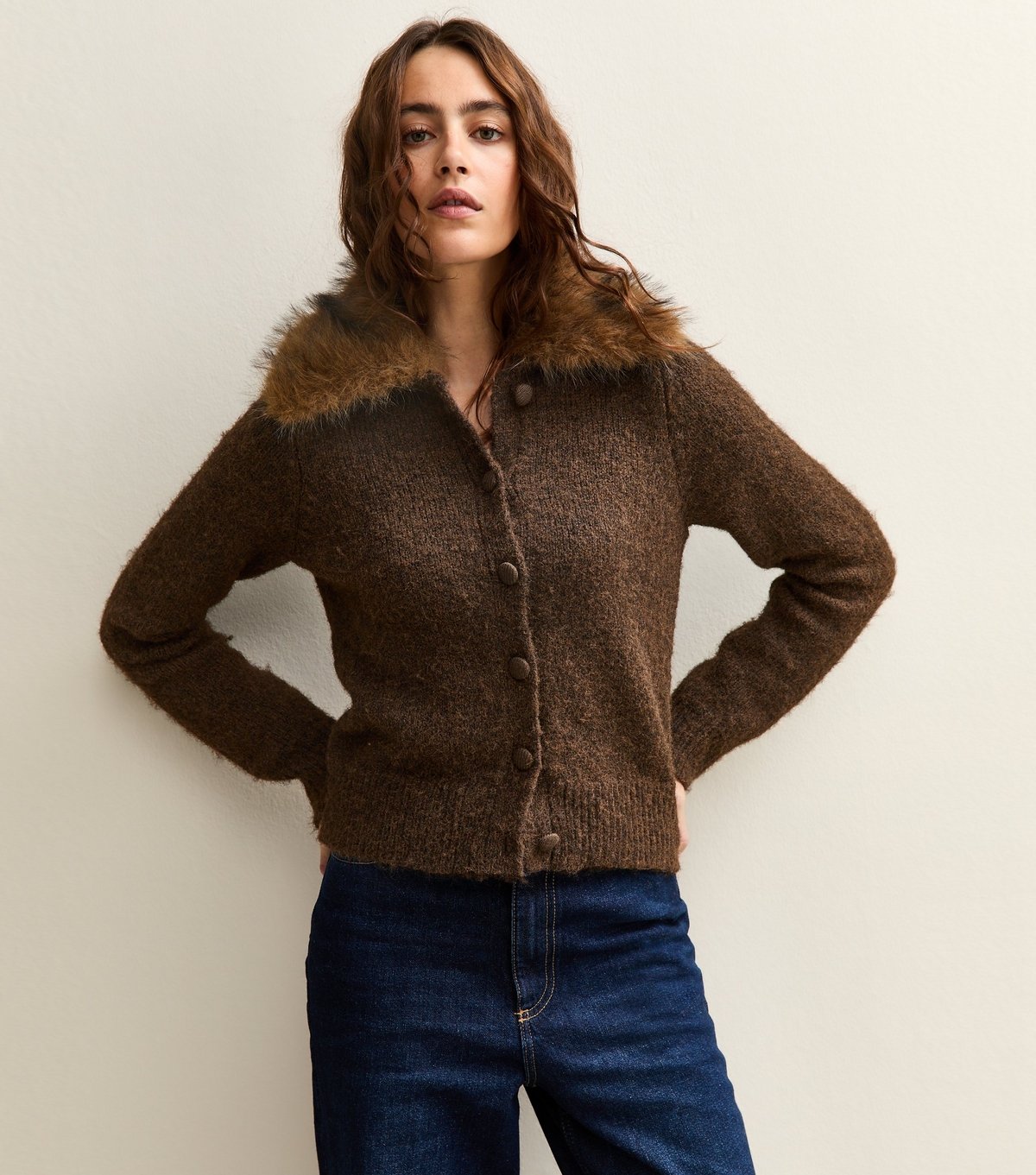 New Look Women's Dark Brown Faux Fur Collar Cardigan New Look - 3