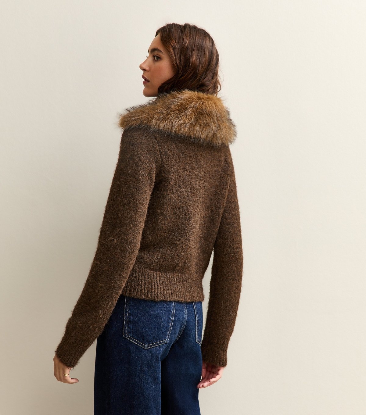 New Look Women's Dark Brown Faux Fur Collar Cardigan New Look - 4